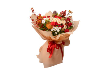 Autumn bouquet of red and white roses, hydrangeas, chrysanthemums.