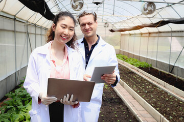 Botanist scientist woman and man in lab coat work together on experimental plant plots, two...