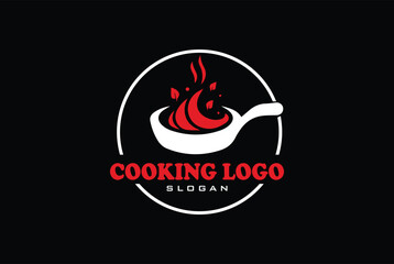 Food logo. Logo for Cooking school class with icon bbq tools, grill fork, spatula, text typography Coocking School, Cuisine Vector Illustration