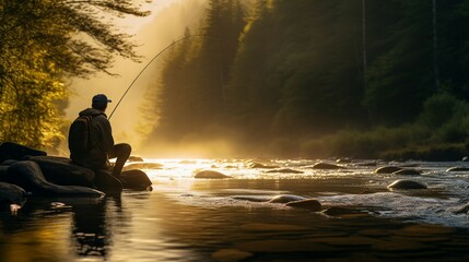 Angler man with fishing rod in backlight of the sunrise at the shore of wild mountain stream tries to catch a trout or pike, golden light sun rays shine upon nature on a river in the forest