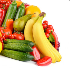 Healthy fruits and vegetables isolated on white
