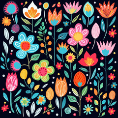Knitted floral quirky doodle pattern, background, cartoon, vector, whimsical Illustration