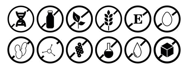 Icons Set of gluten free, lactose free, sugar free, GMO free. - obrazy, fototapety, plakaty