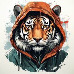 Obraz premium A tiger wearing a hoodie with paint splatters.