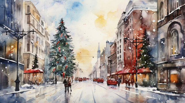 watercolour paint of Christmas city