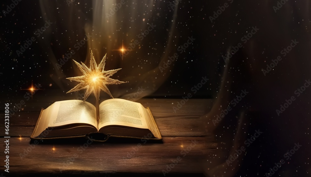 Poster an open book with a shining star decorated on top. generative ai