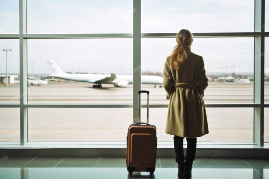 Back view of a young Caucasian woman waits for the boarding announcement for her flight while watching planes land and take off through a large panoramic window in the airport terminal.