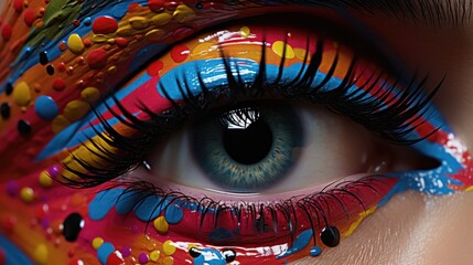 A close up of a person's eye with colorful makeup.