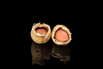 Close up photo of a raw peanut in shell broken half isolated in black background.