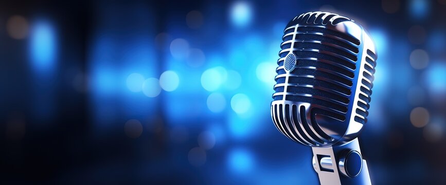 microphone with blurred background on blue wall, vintage microphone on stage with lamp lighting, in uhd image style, bokeh panorama. Generative AI