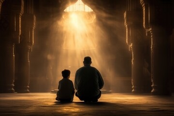 Prayer, islam and worship with man and boy in mosque, holy quran and spirituality. Praying, person in Muslim traditions praying for faith, care and Ramadan kareem. High quality photo