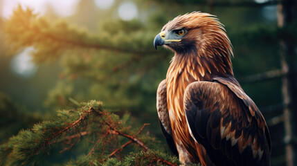 Fototapeta premium Golden eagle looking around. A majestic golden eagle takes in its surroundings from its spot amongst moorland vegetation.