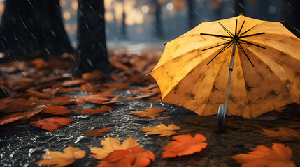 Fallen Umbrella on Wet Pavement During Autumn Rain