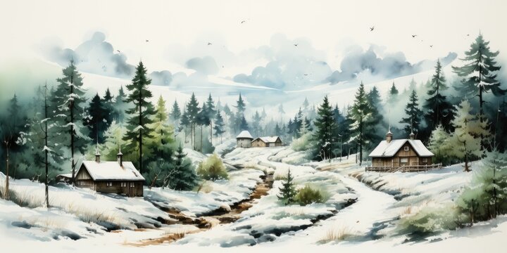 A watercolor painting of a snowy mountain scene.