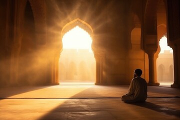 Prayer, islam and worship with man in mosque, holy quran and spirituality. Praying, man in Muslim traditions praying for faith, care and Ramadan kareem - obrazy, fototapety, plakaty