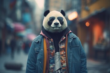 Obraz premium Hipster panda walking around the city on the street.