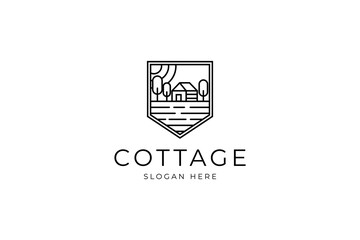 cottage shield badge emblem line art logo vector illustration design - obrazy, fototapety, plakaty