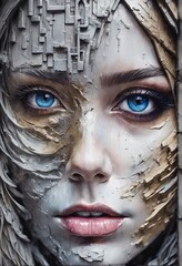 portrait of woman with painted face in blue and golden tones. portrait of woman with painted face in blue and golden tones. portrait of woman with a creative face in a grunge style