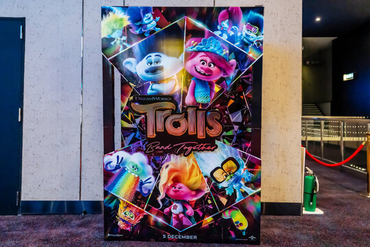 Bangkok, Thailand - 15 Oct 2023 - Beautiful Standee of A computer animated musical comedy Movie Trolls Band Together (Trolls 2) Display at the cinema to promote the movie