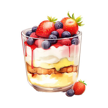 Vibrant Watercolor Fruit Parfait Dessert - Isolated, Transparent Background