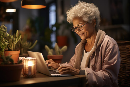 Elderly women use social media and use WiFi for distance learning.. Happy senior woman in retirement uses laptop computer to surf online