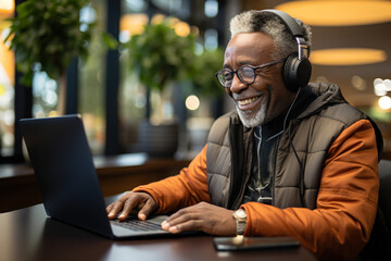 Elderly man wearing headphones Surfing social media and using WiFi for distance learning, happy senior man in retirement uses laptop computer to surf online