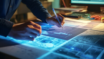 A person using a pen and paper to draw on a tablet screen, in the style of neon-infused digitalism, industrial and technological subjects, kinetic lines and curves