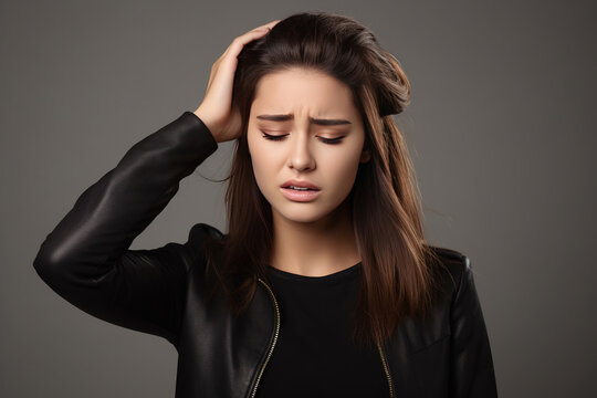 Young attractive woman suffering a headache, isolated on gray background