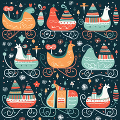 Sleigh quirky doodle pattern, background, cartoon, vector, whimsical Illustration