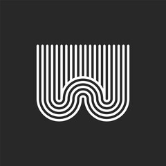 Letter W monogram logo rounded ribbons shape design, smooth parallel thin lines geometric striped pattern, linear typography initial logotype.