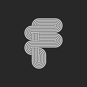 Letter initial F logo monogram, parallel white overlapping thin lines pattern smooth ribbons curves shape, interweaving of stripes linear form logotype design mockup.