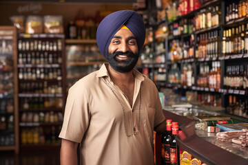 Smiling Punjabi Liquor store worker or owner posing looking at the camera
