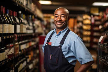 Smiling Liquor store attendant posing looking at the camera