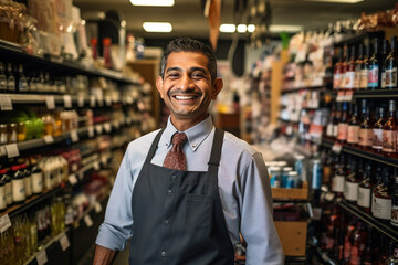 Smiling Liquor store attendant posing looking at the camera