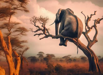 Foto op Aluminium Hazard and depression - lonely elephant sitting on thick tree branch, wildlife risk © ibreakstock