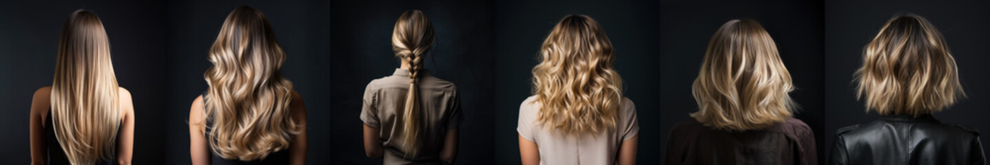 Various haircuts for woman with ombre dark to blonde hair - long straight, wavy, braided ponytail, small perm and short hairs. View from behind on black background. Generative AI