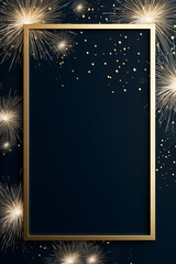 beautiful dark blue invitation card with golden frame and fireworks, sylvester