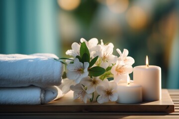 Obraz na płótnie Canvas Spa, beauty treatment and wellness background with Towels, Flower, Massage oil and burning candle on wooden table 