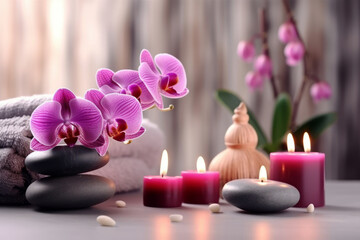 Bright Spa vibe, beauty treatment and wellness background with massage stone, orchid flowers, towels and burning candles
