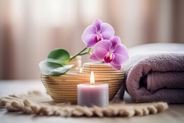 Fototapeta na wymiar Bright Spa vibe, beauty treatment and wellness background with massage stone, orchid flowers, towels and burning candles 