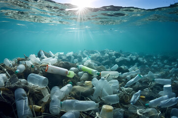 ocean plastic on the ground of the sea under the surface - plastic polluting waters - obrazy, fototapety, plakaty