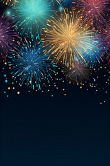 bright colorful fireworks on a blue background as an invitation card, sylvester