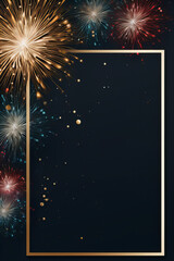 golden frame, bright colorful fireworks on a blue background as an invitation card, sylvester