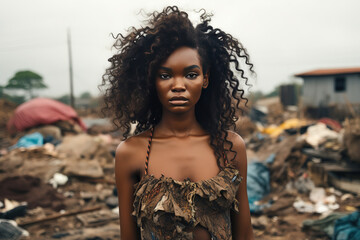 Serious Black Woman posing in a third world country public dump looking at the camera - obrazy, fototapety, plakaty