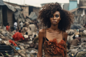 Serious Black Woman posing in a third world country public dump looking at the camera - obrazy, fototapety, plakaty