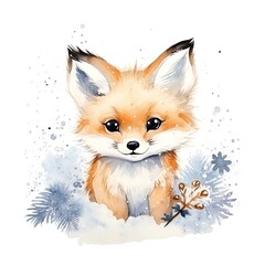 Obraz premium watercolor illustration of a cute little fox cub winter theme, snowflakes around, white background