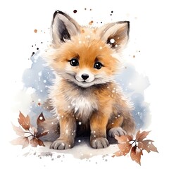 Obraz premium watercolor illustration of a cute little fox cub winter theme, snowflakes around, white background