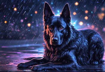 black dog with blue eyes, with a beautiful, colored background.black dog with blue eyes, with a beautiful, colored background.a black dog with a big black eyes in the rain, in a dark night city, with - Powered by Adobe