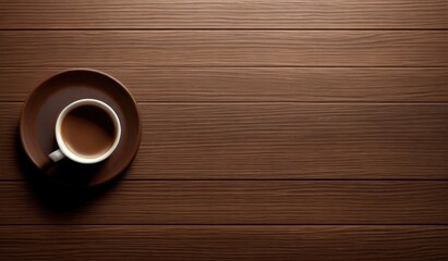 Coffee cup with background of textured wooden surface. Top view. Copy space for text, advertising, message. Product display, presentation
