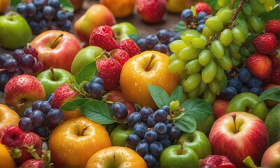 Naklejka na ściany i meble assortment of fresh ripe berries, close up assortment of fresh ripe berries, close up assortment of fresh organic fruits, berries and apples